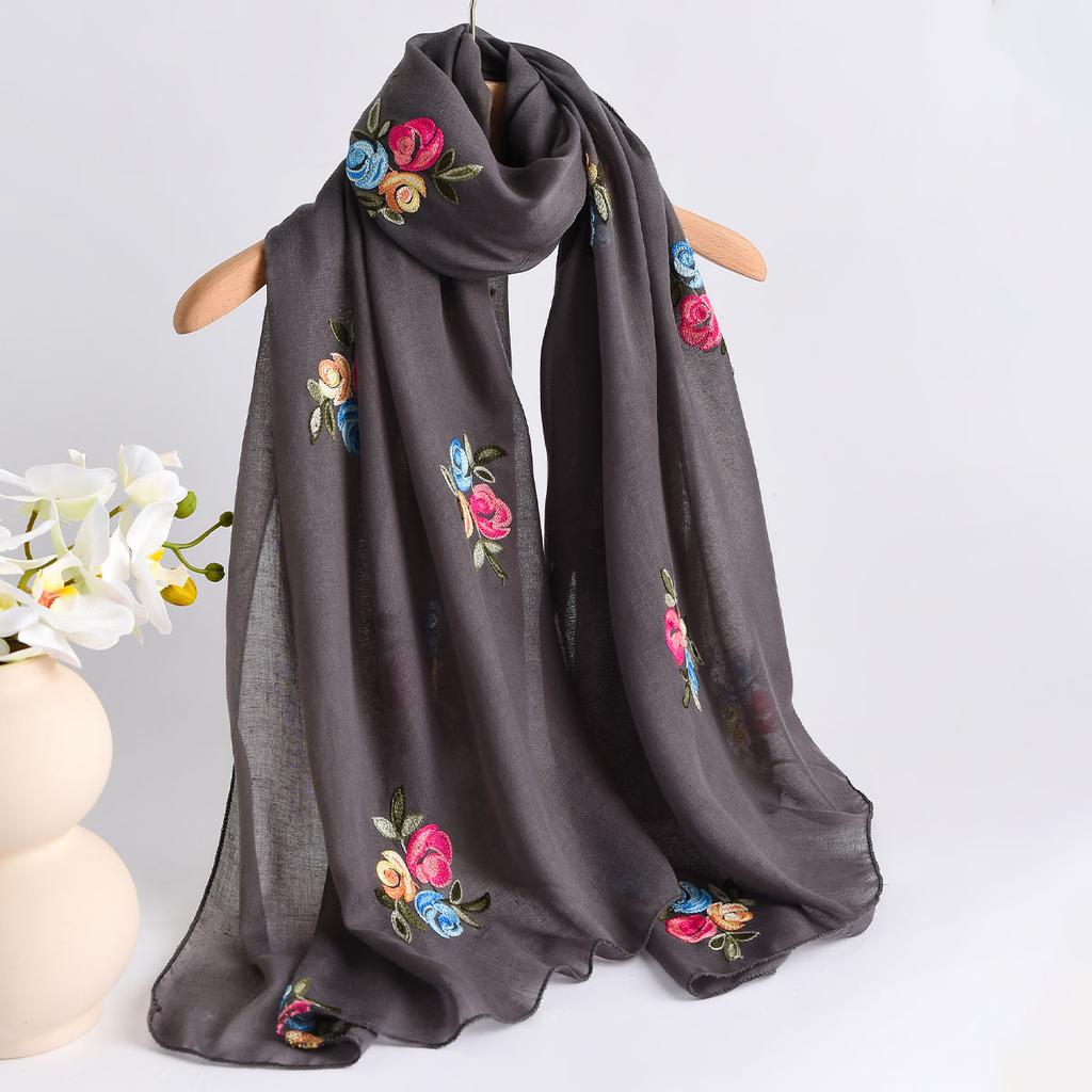 Spring Summer New Lightweight Breathable Cotton Linen Embroidery Scarf Ethnic Style Fashionable Soft Women'S Sunscreen Scarf