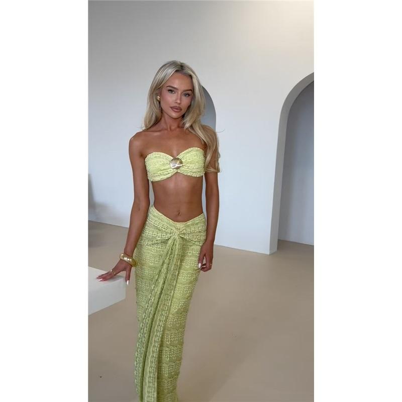 Lace Jacquard Vacation Seaside Casual Sexy Cool Solid Color Swimsuit Sleeveless Two-piece Suit