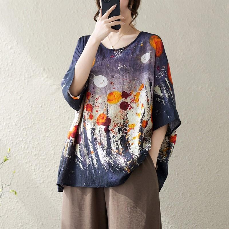 Johnature Casual Print Women Tops Summer Simple O-neck Loose Pullover Women T-Shirts
