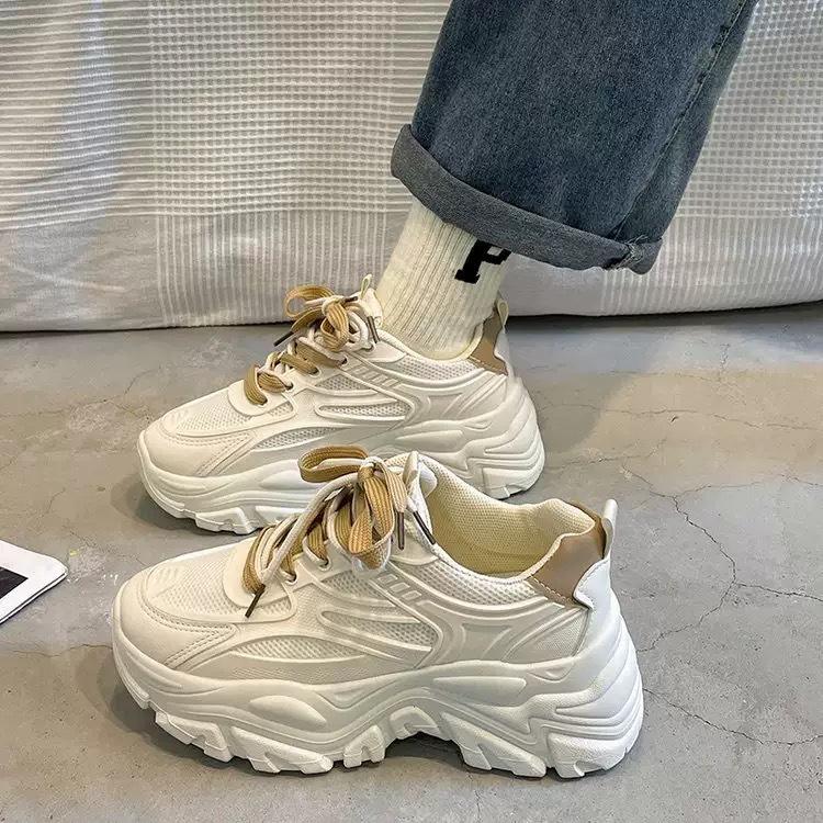 Daddy shoes girl 2025 autumn and winter new muffin single shoes fashionable thick sole inner height increase casual white shoes beige blue