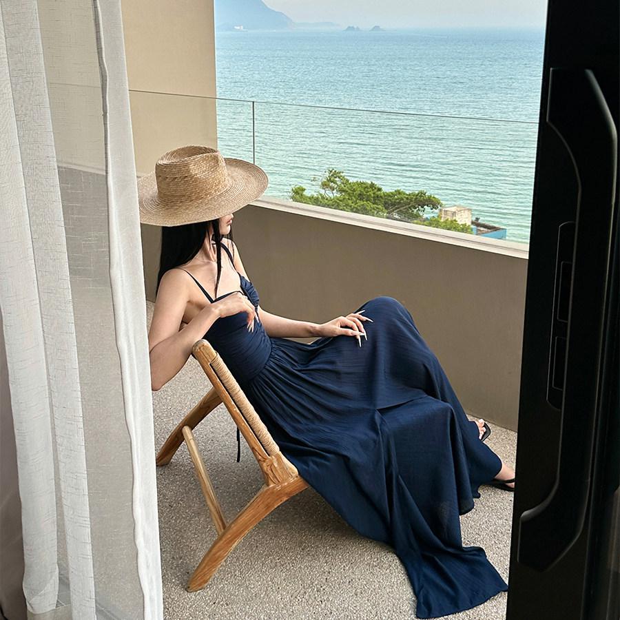 VENUIE Dark Blue Pleated Backless Lace-Up Long Sleeve Split Midi Dress