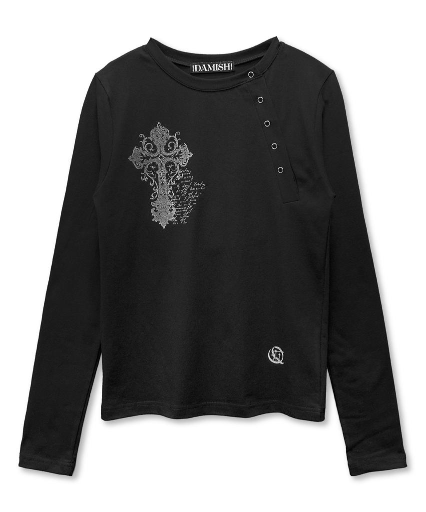 Damiswi Vintage Cross Asymmetric Button Long Sleeve_Black