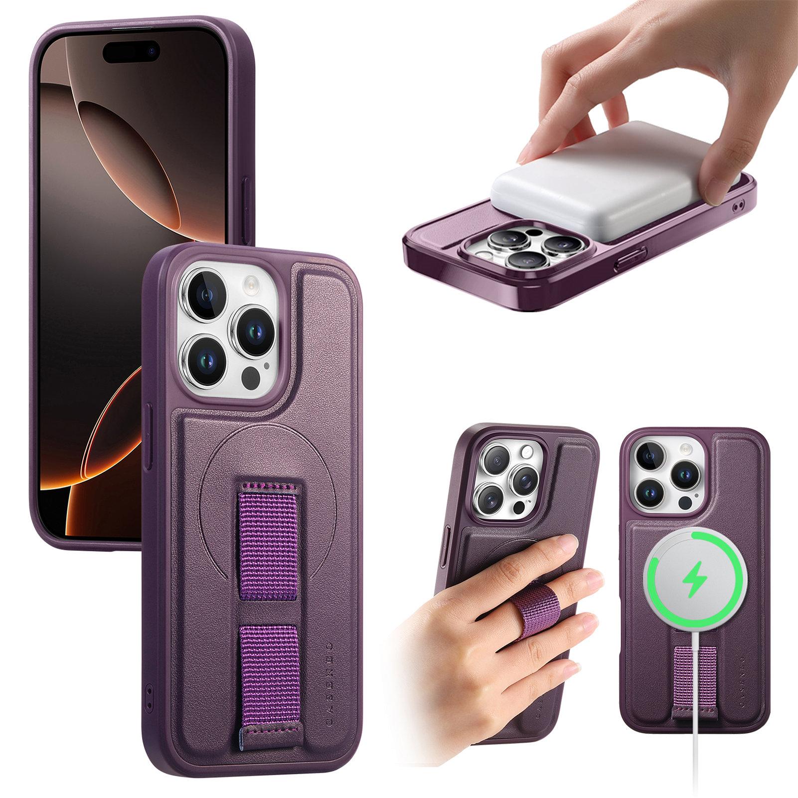 

For iPhone 15 Pro Max Magnetic Case CASENEO Wristband PU Leather+PC Shockproof Phone Cover Purple