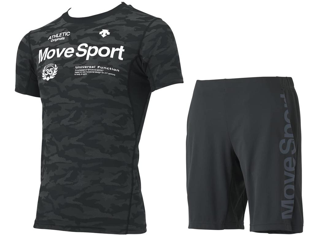 Descente Move Sport MOTION FREE FIT Graphic Short Sleeve and Shorts Set Black X T-Shirt (DMMSJA50/DMMSJD80) (M, Black)