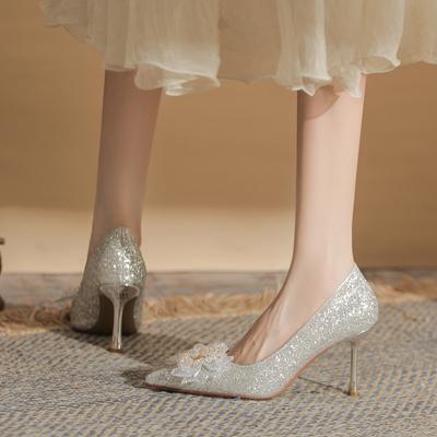 Women's Shoes Wedding High Heels Not Tired Feet Silk Sequined Flower Shoes Stiletto Women's Shoes Versatile Pointed Single Shoes