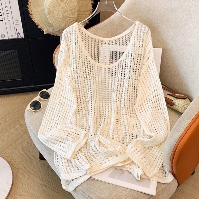 Hollow Knitted Women's Summer Lazy Loose Sun Protection Blouse Round Neck Design Long Sleeve Versatile Tops
