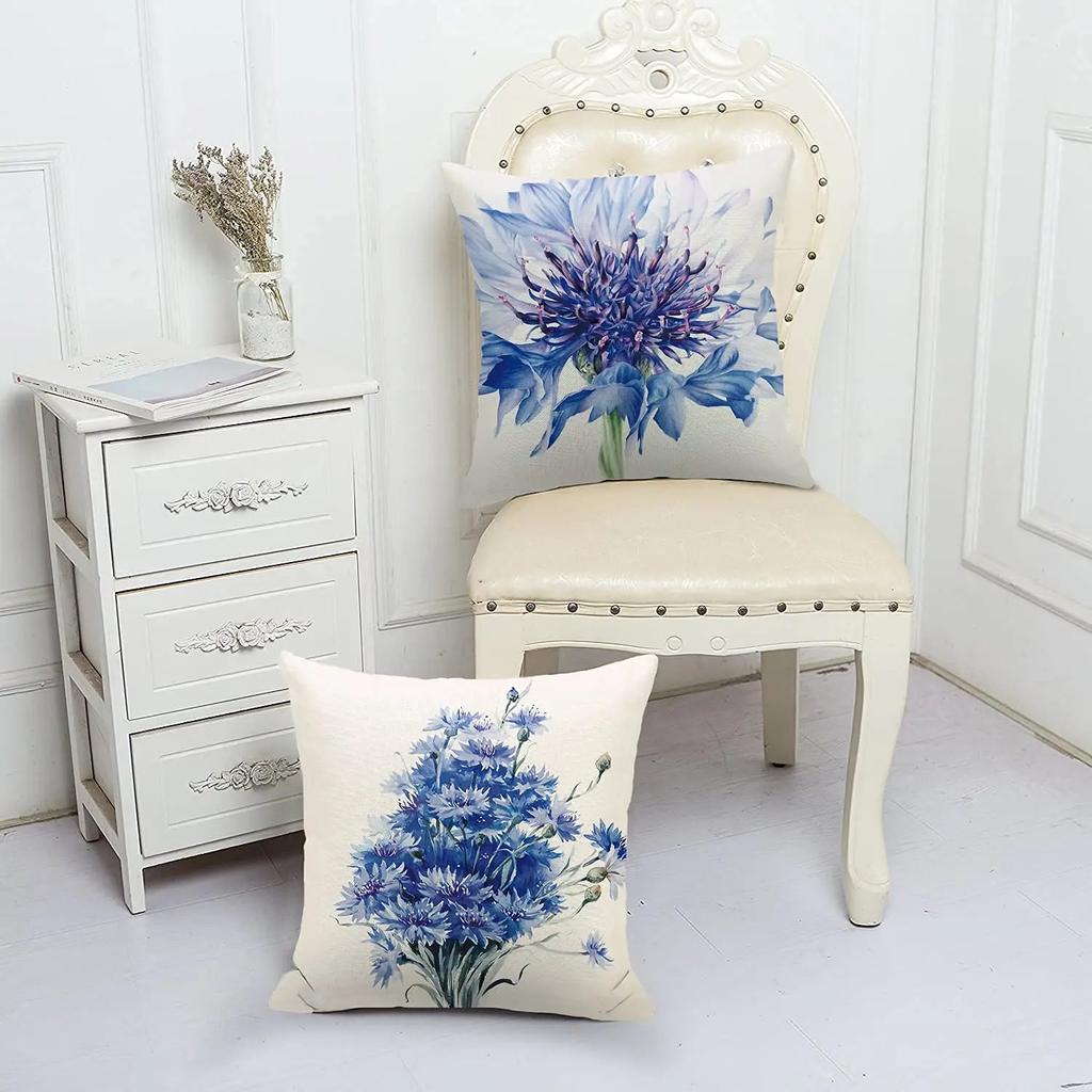 Modern Blue Watercolor Flower Linen Pillowcase Sofa Cushion Cover Home Decoration Can Be Customized for You 40x40 50x50 45x45