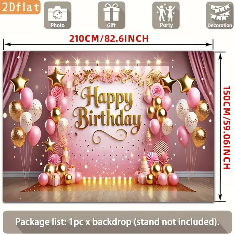 Pink Gold Birthday Tapestry, "Happy Birthday" with Floral and Balloons for Photo Booth
