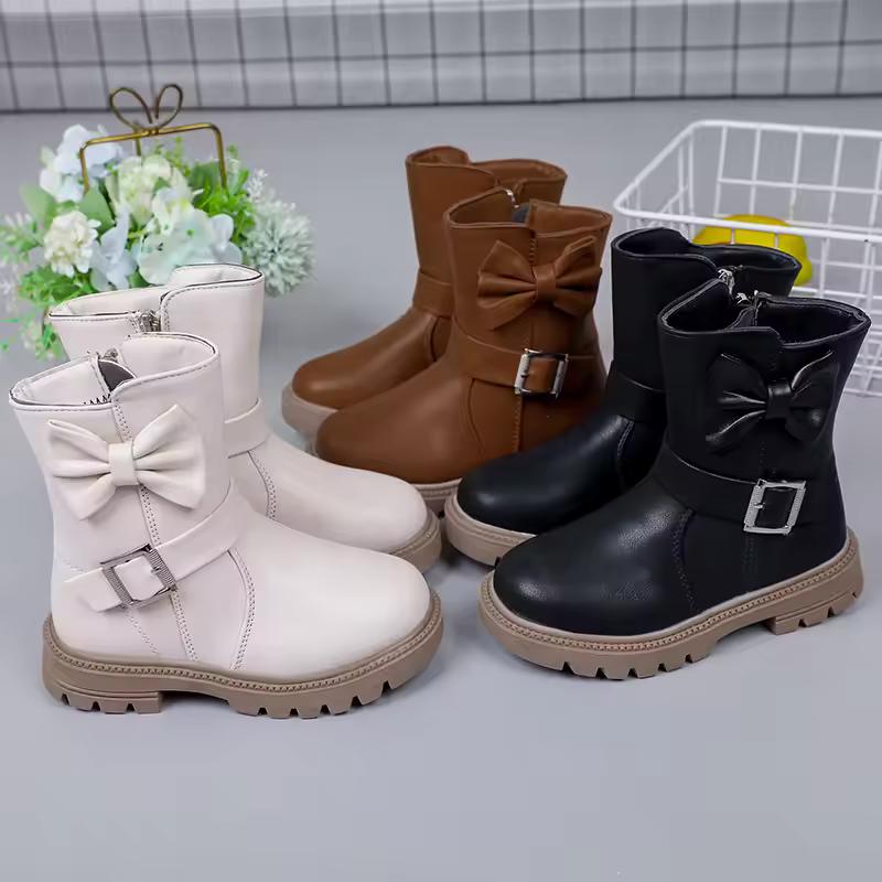 Autumn and Winter Girls Boots Bow Kids Buckle Cool Solid Color Toddler Girls Shoes Children Casual Boots Versatile Martin Boots