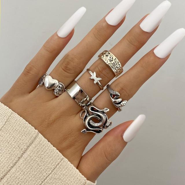 6pcs Vintage Gothic Butterfly Angle Flower Multi Element Ring Set For Women Men Retro Personality Finger Ring Gifts