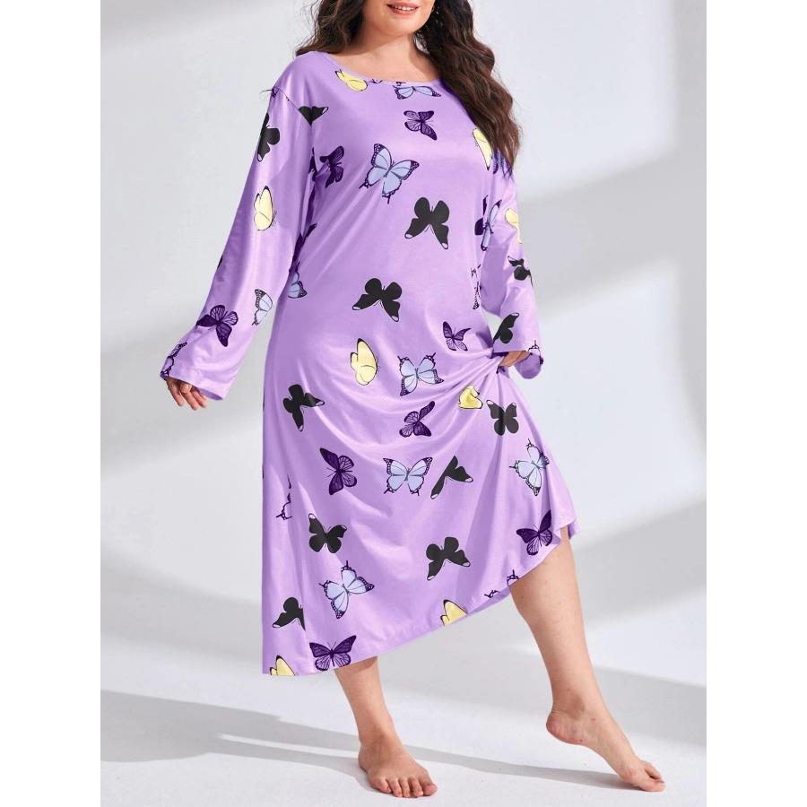 Long Sleeve Butterfly Heart Leopard Print Sleeping Dresses Casual Women Drop Shoulder Oversized Long Sleepwear Dress