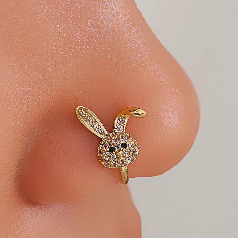 2PCs/Set Gold Silver Cartoon Rabbit Heart Fake Nose Ring Hollow Butterfly Heart U-shaped Nose Clip Body Jewelry