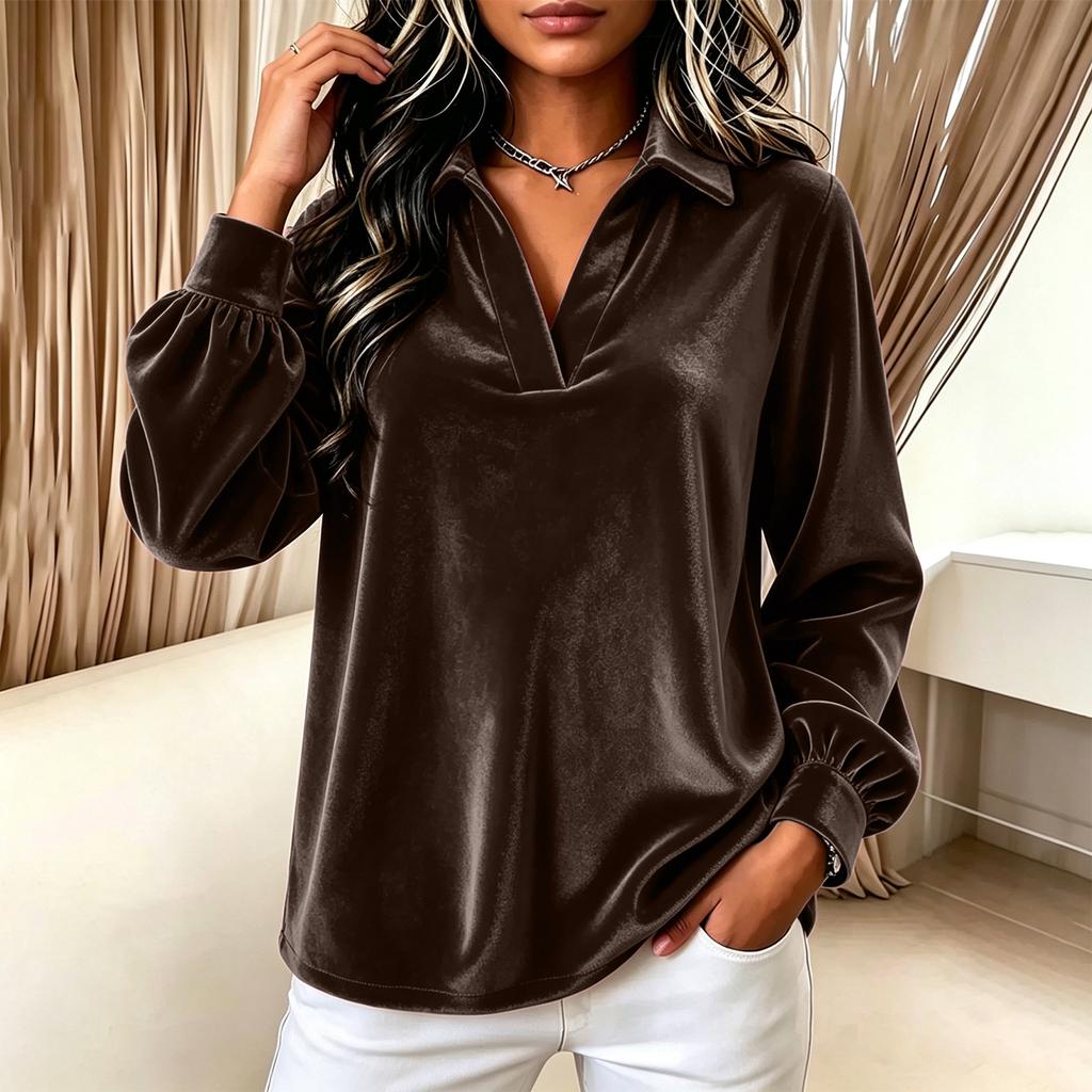 Women's Color V-Neck Long Sleeve Loose Pullover Top with Lapel Collar