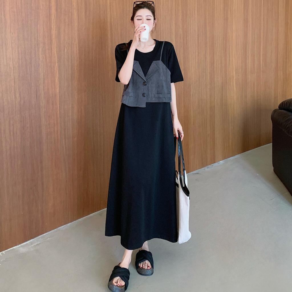 DIMANAF 2025 Sommer Übergröße Kleid Damen Lässig Vintage Kleid Basic Locker O-Ausschnitt Lang Fake Zweiteiler Kleid Baumwolle