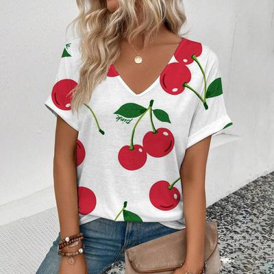 Cute Cerry Pattern T-Shirts Fruit 3D Print Women V-Neck Short Sleeve T Shirt Y2k Harajuku Streetwear Tees Tops Female Clothing