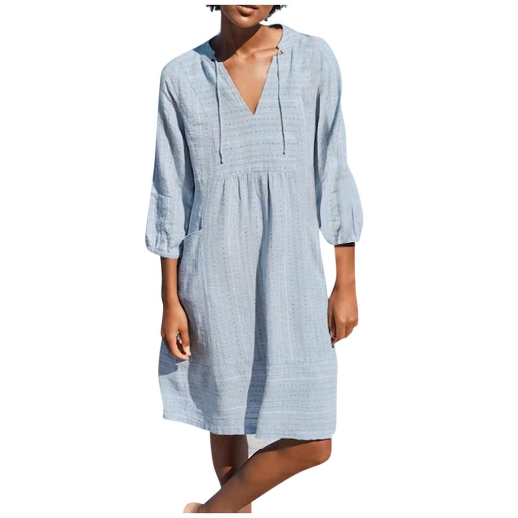 Women's Color Cotton Linen Dress With V-neck Casual Loose Pocket Dress
