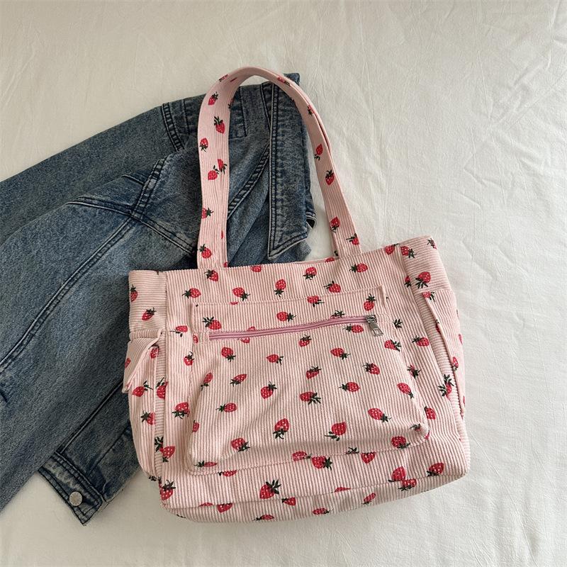 

Вместительная, красивая и простая осенняя новая портативная сумка-тоут, модная сумка на плечо в студенческом стиле с принтом клубники
