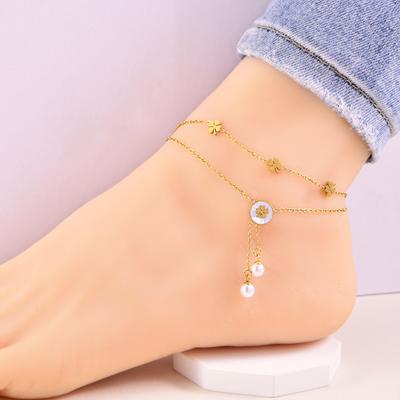 High-Grade Titanium Steel Lucky Grass Anklet Fashion Tassel Double Layer Anklet Ladies Anklet