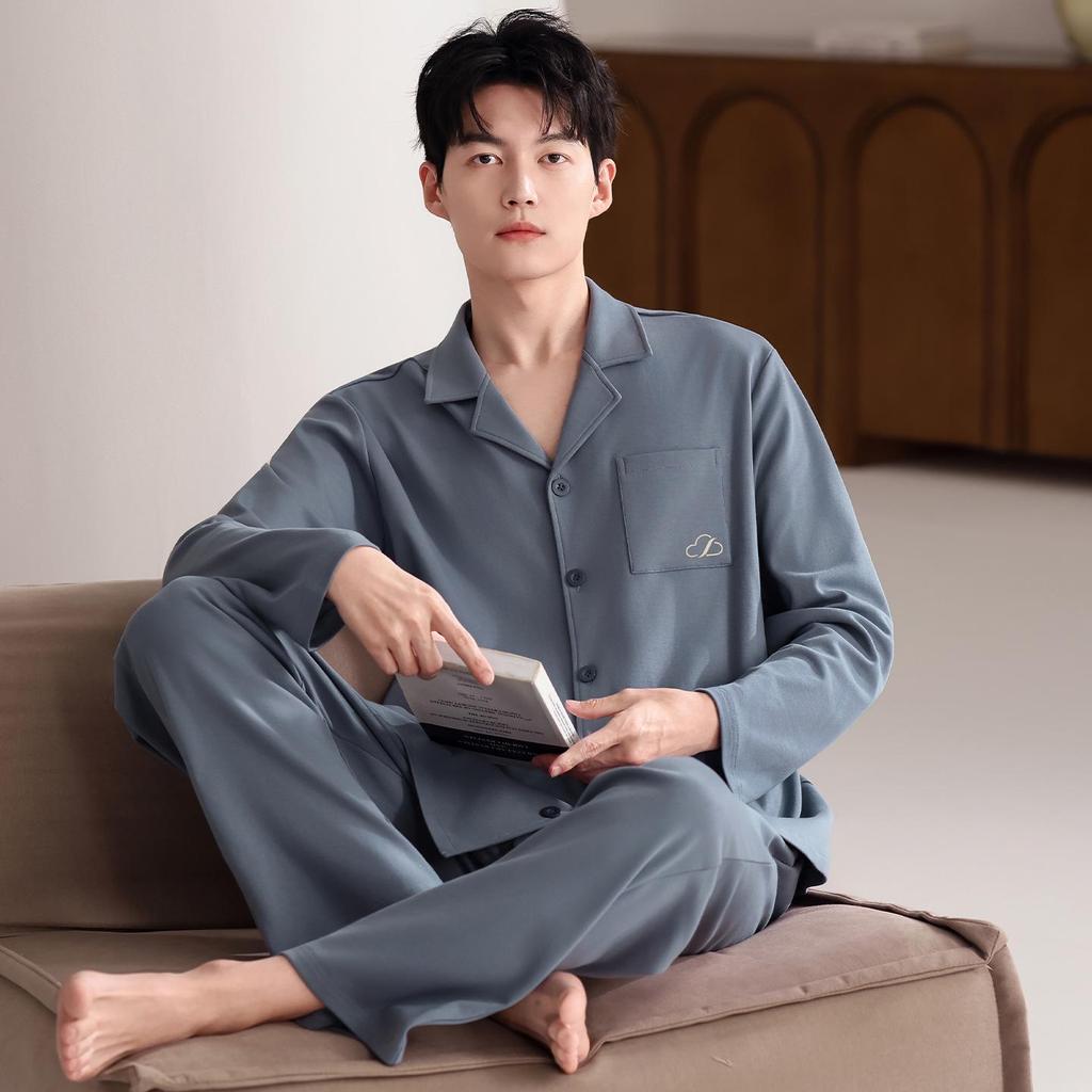 Men's Spring & Autumn Long-Sleeved Cotton Cardigan Pajama Set with Pants