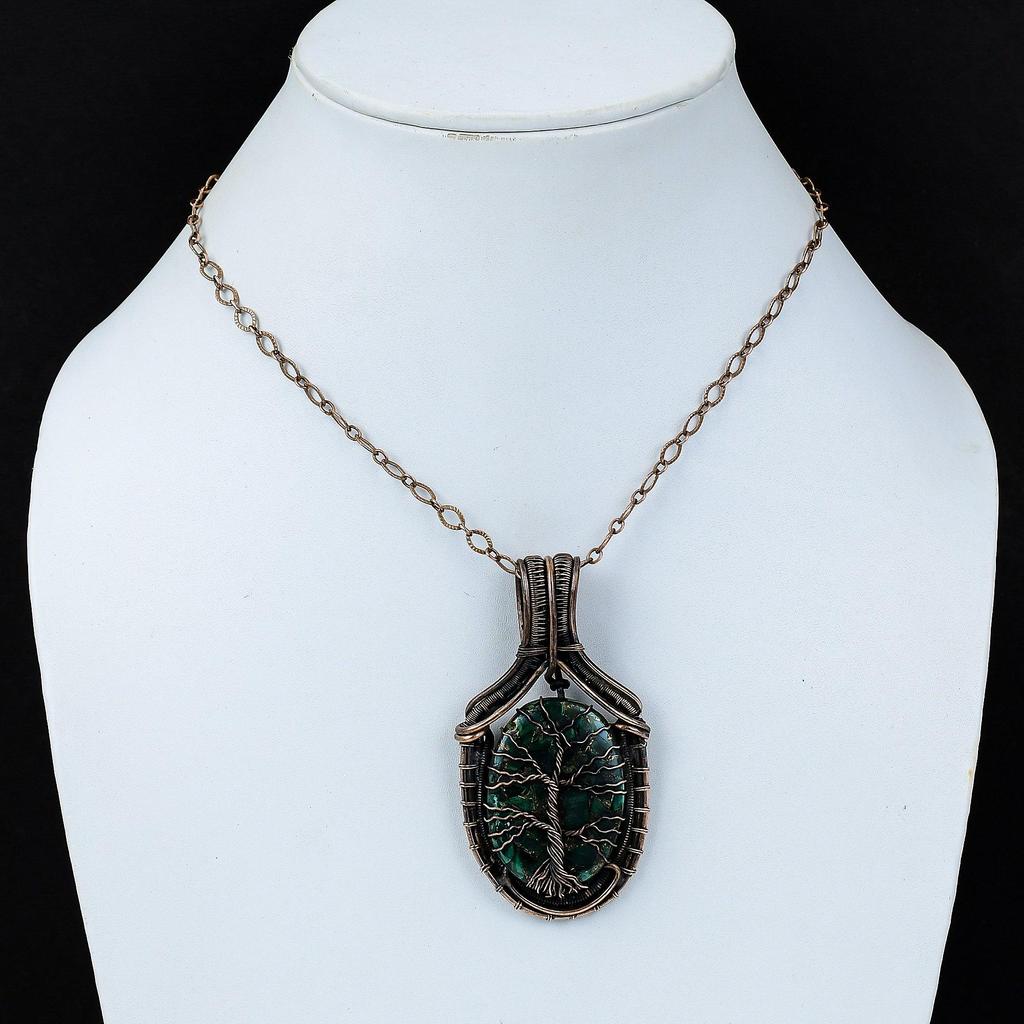 Tree Of Life Copper Malachite Gemstone Pure Copper Wire Wrapped Handmade Pendant Jewelry For Gift
