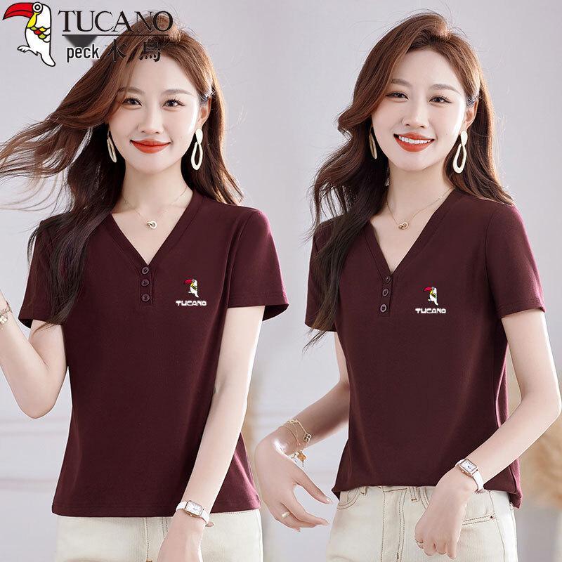 Woodpecker Women s V-Neck Cotton Blend Short Sleeve T-Shirt 4XL