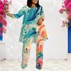 Women Plus Size Round Neck Long Sleeve Pink Purple Printed Layered Top Long Pants Two Piece Set