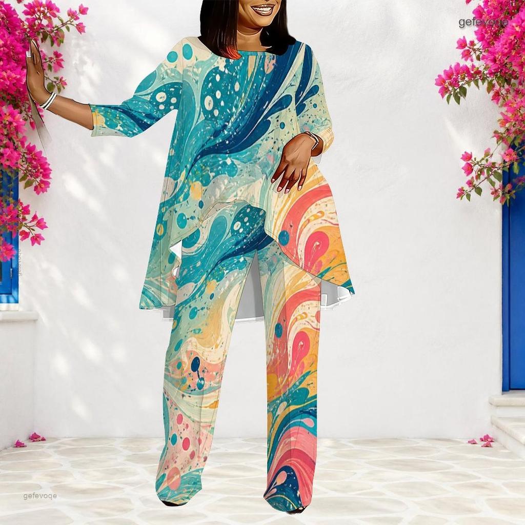 Women Plus Size Round Neck Long Sleeve Pink Purple Printed Layered Top Long Pants Two Piece Set