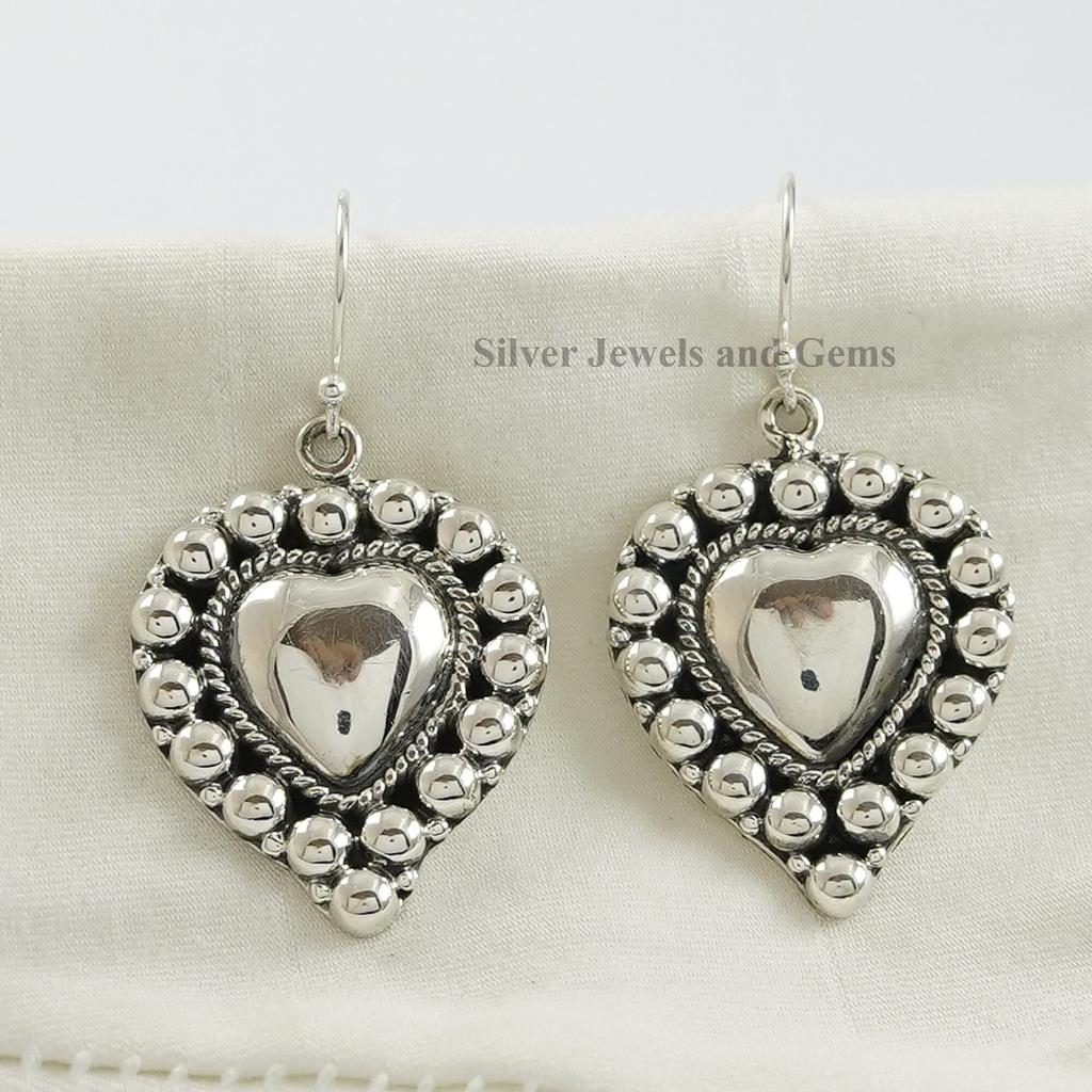 Puffy Heart Dangle Earring, Handmade Puffed Earring, 925 Sterling Silver Earrings, Gift for Wife, Designer Silver Earrings