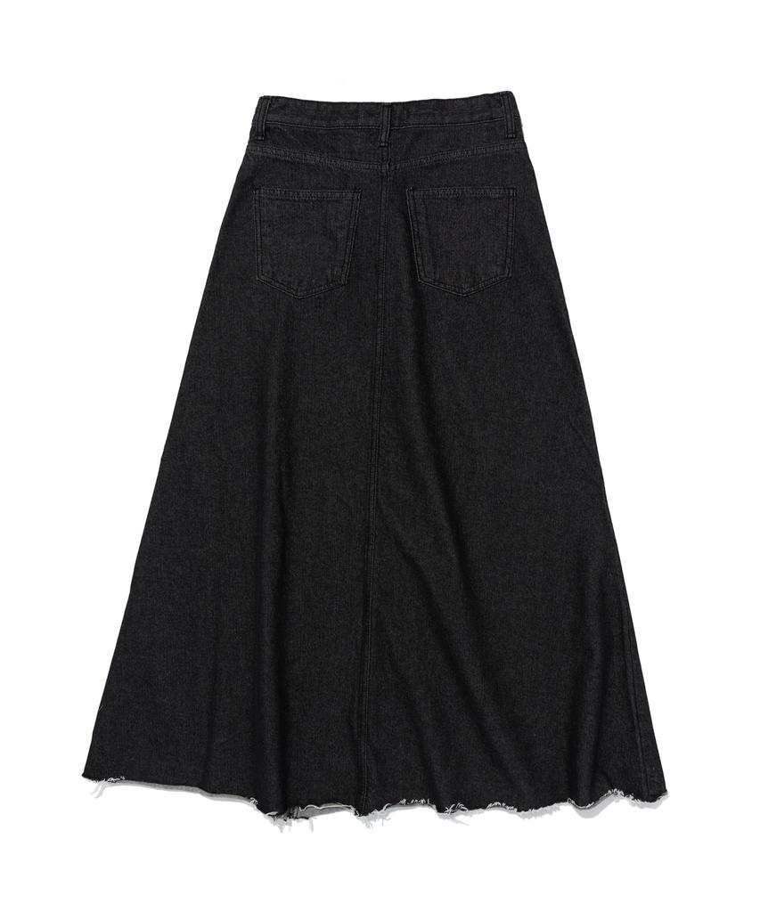 Road Road Maxi Denim Cutoff A-Line Long Skirt (Black Denim)