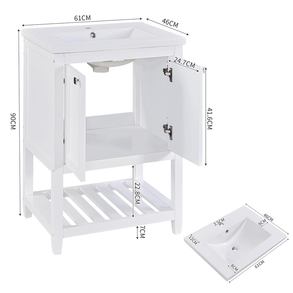 Bathroom Furniture Single Washstand with Vanity Unit 60cm with Ceramic Washbasin, White