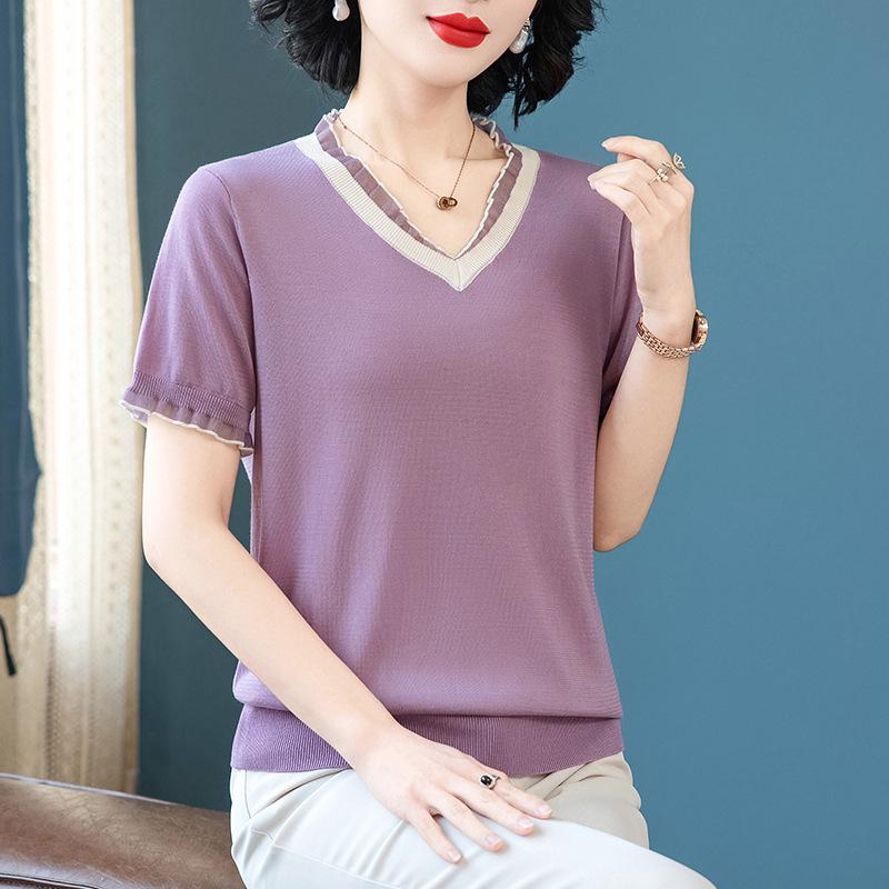 

2026 Women s V-Neck Mulberry Silk & Tencel Short-Sleeved Knit Top - Summer Ice Silk, Mother s New Style 3XL (for 120-135 jin) фіолетовий