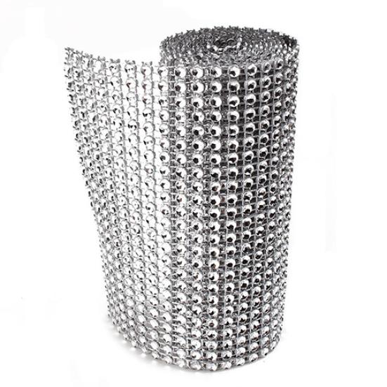 

Sparkle Rhinestone Silver Tone Wedding Bridal Bouquet Plastic Ribbon Roll Mesh Wrap
