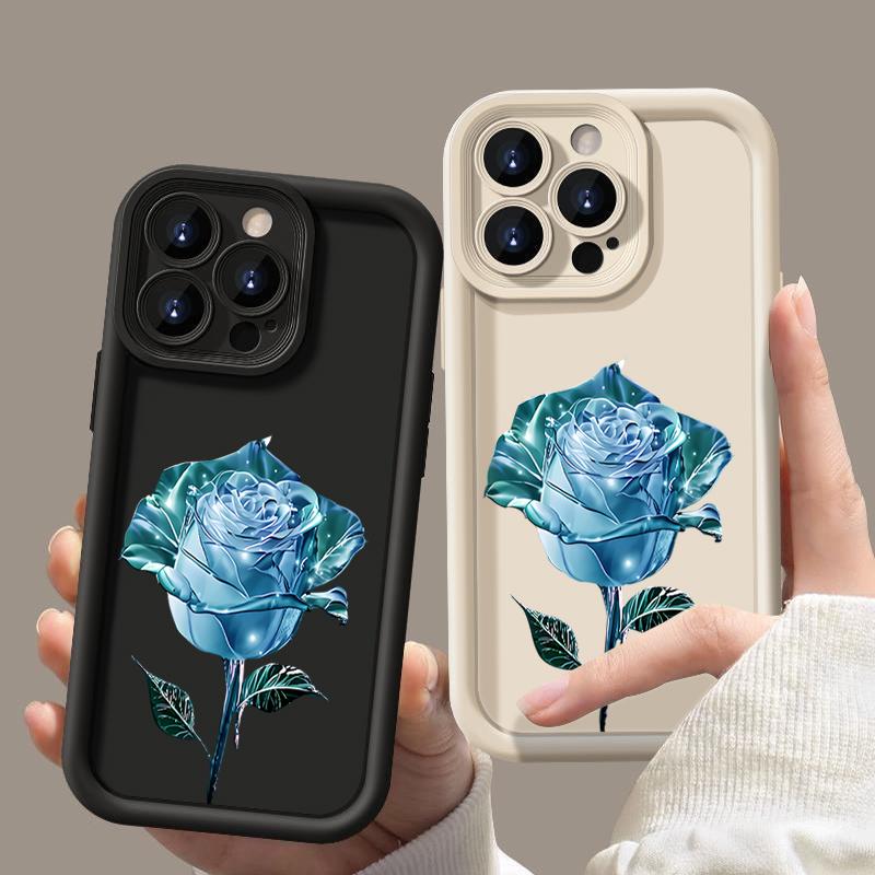 Husă Moale Mată cu Imprimeu Floare Roz Cristal Albastru Pentru iPhone 16 Pro Max 15 14 Pro 13 12 11 XS XR 8 7 Protecție Obiectiv Rezistentă la Șocuri Husă Telefon TPU