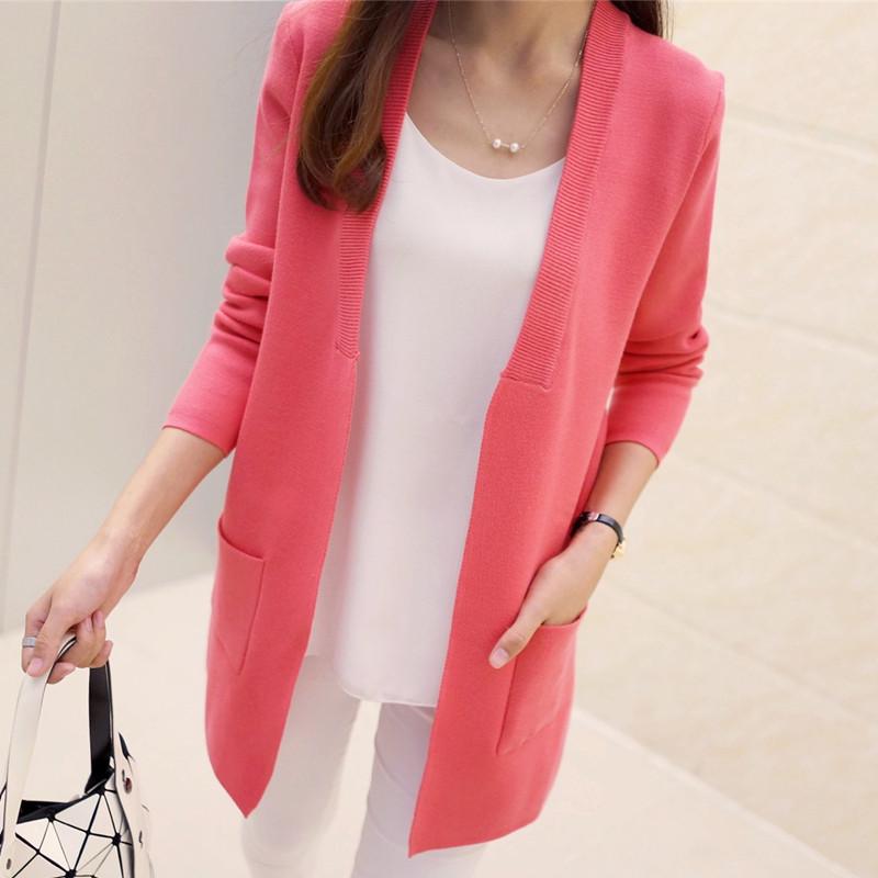 Ženy Jaro Podzim Středně dlouhý Cardigan Dámské Elegantní Kapesní Pletené Svrchní Oděvy Svetr Cape Topy