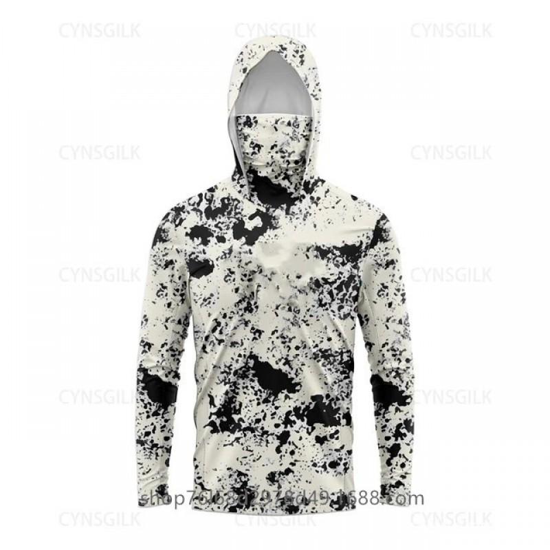 Mens Quick-Dry Ice Silk Long Sleeve UPF 50 Sun Protection Hooded Fishing Shirt With Integrated Face Cover
