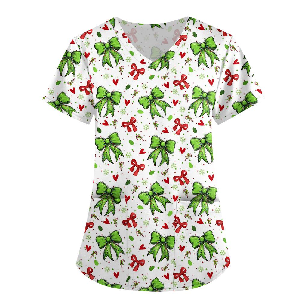 Tops de Uniforme de Trabalho Estampados Plus Size para Mulheres com Decote V Cruzado, Estampa de Manga Curta Divertida, Camiseta de Trabalho com Bolsos