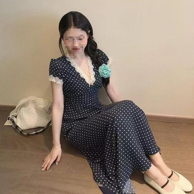 Mori style splicing polka dot lace V-neck long dress summer dress women's small temperament slim waist A-shaped skirt
