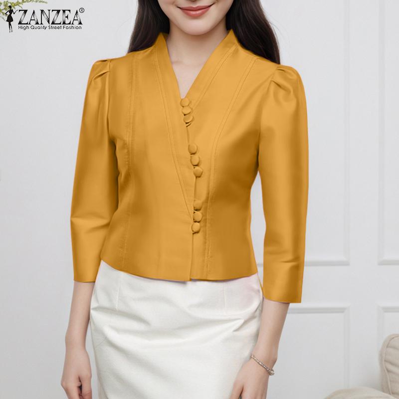ZANZEA Women Casual V-Neck 3/4 Sleeve Elegant Satin Blouse