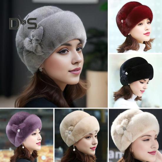 Mid-aged Women Winter Hat Thick Plush Faux Fur Heat Retention Windproof Solid Color Rhinestone Decor Outdoor Cycling Skiing Beanie