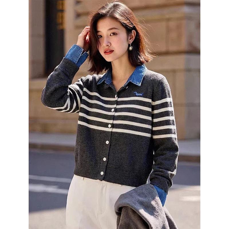 Chic Patchwork Denim Lapel Knit Sweater: Striped, Long Sleeve, Loose Fit for Women 2XL темно-серого