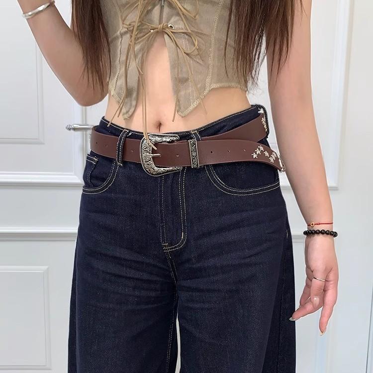 Vintage Y2k Star Rivet Pu Leather Belt With Alloy Buckle For Daily Wear