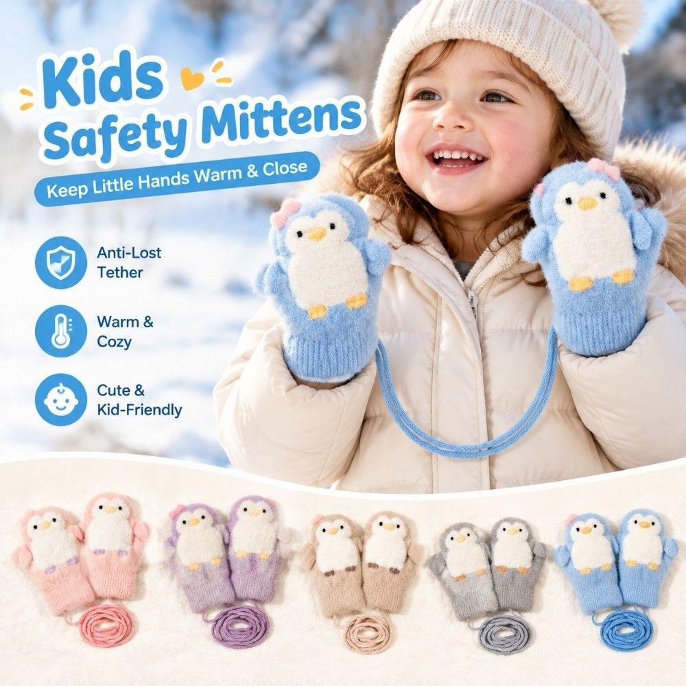 Anti Lost String Baby Winter Knit Glove Fleece Lined Student Cartoon Glove Daily Winter Wear