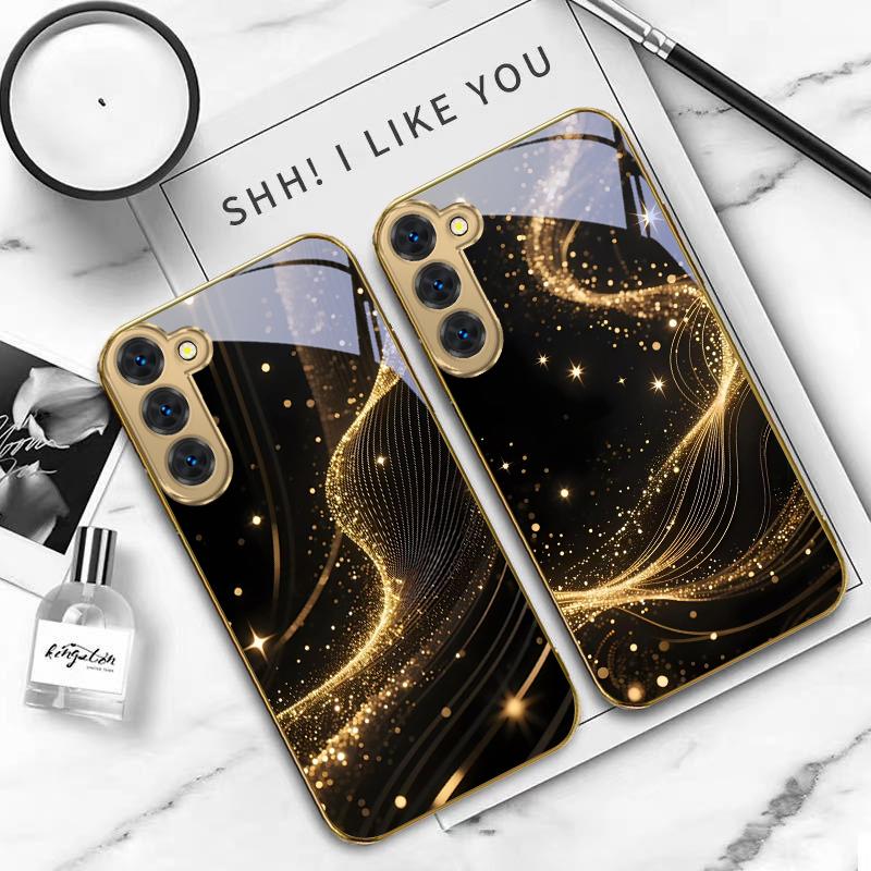 Noble Golden Curve For Samsung Galaxy S20 FE S21 S22 S23 Plus S24 Ultra 25Ultra S21+ S9+ S22Plus Golden glass phone case