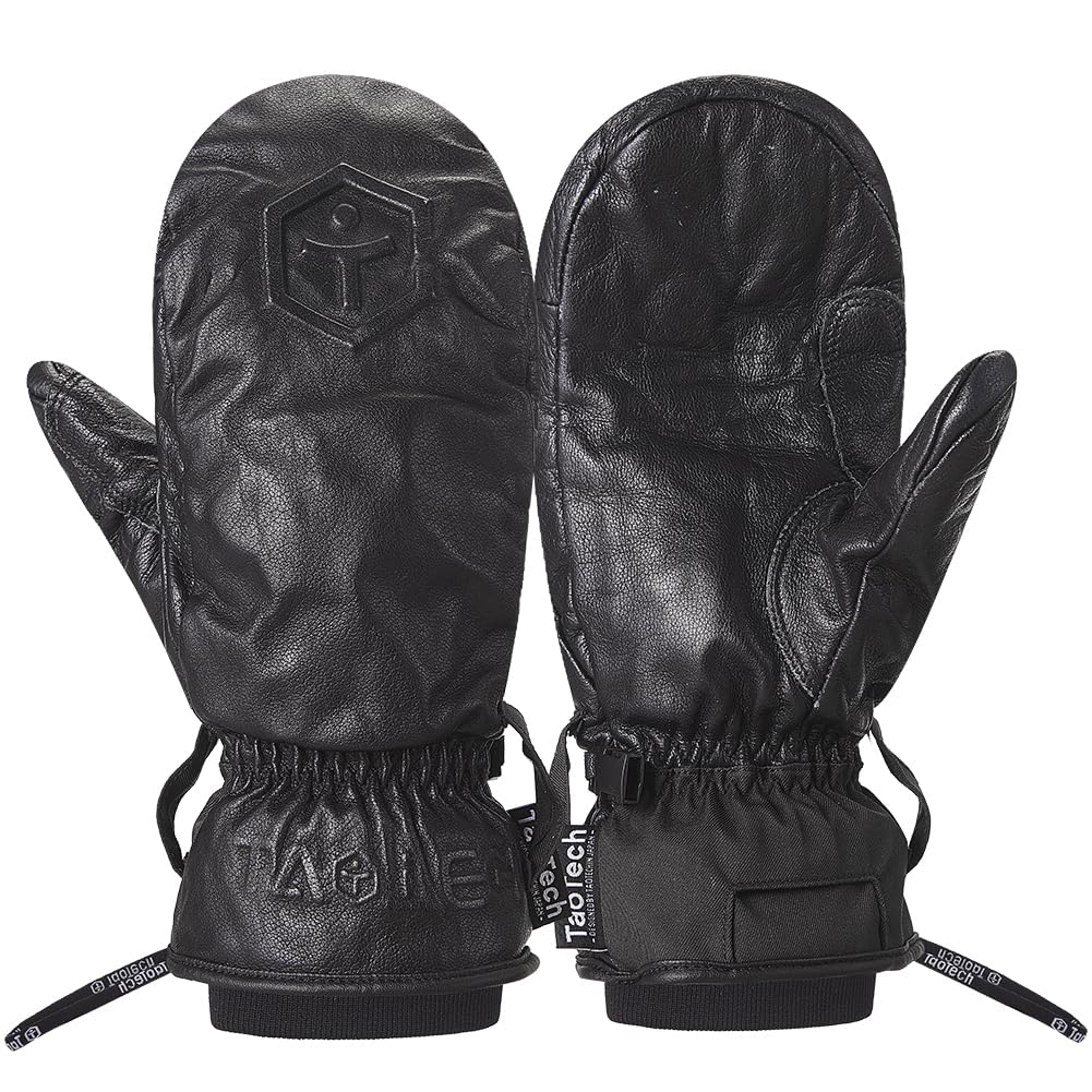 

TaoTech Genuine Leather Snowboard Mittens for Men and Women, Ski Gloves with Protectors and Leash (XL, Black/Regular)
