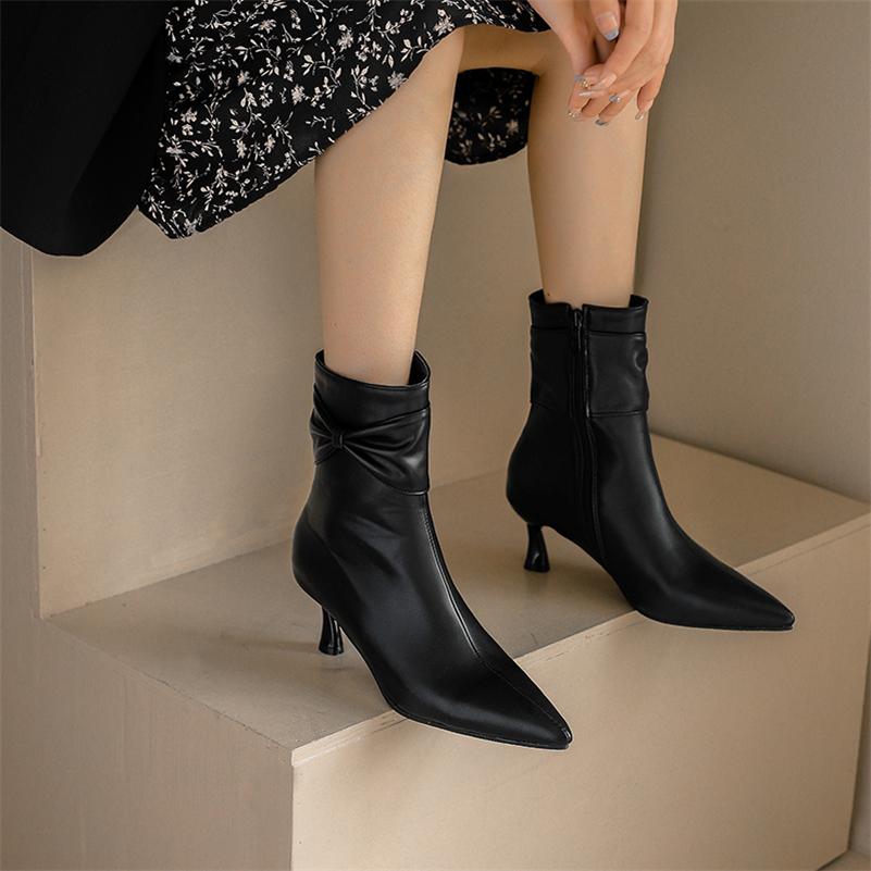 FOREADA Women Ankle Boots Pointed Toe Thin High Heels Pleated Zipper Short Boots Ladies Fashion Shoes Autumn Winter Almond 46