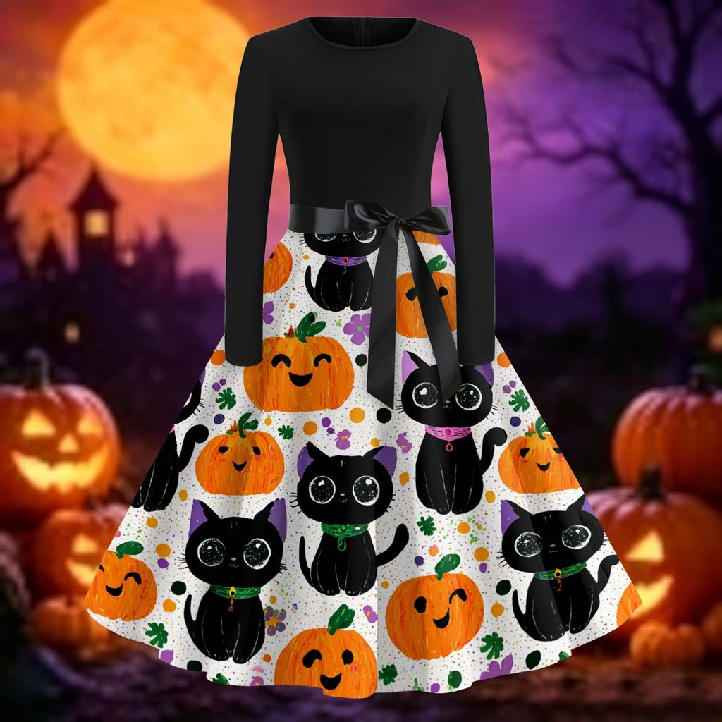 Women's Halloween Print Long Sleeve Round Neck Slim Fit Swing Casual Dress