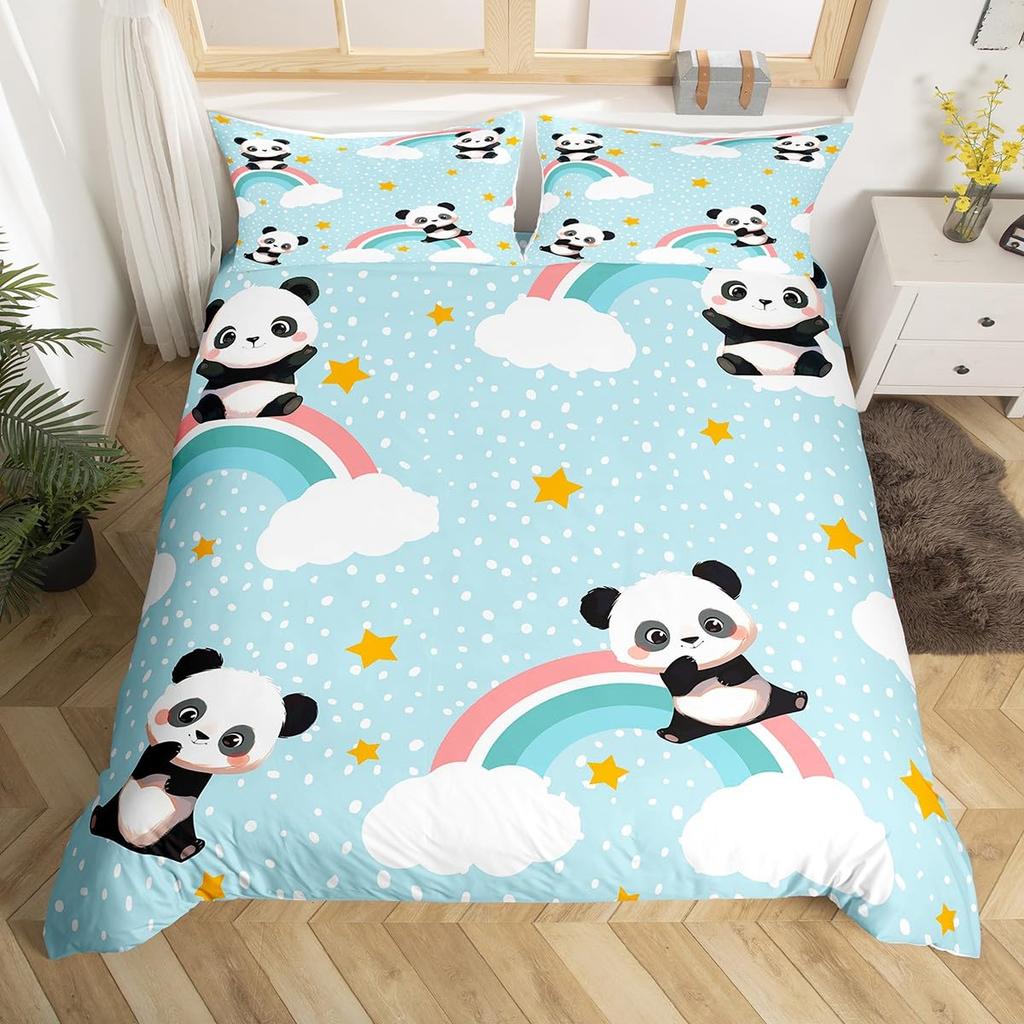 Kid Duvet Cover Twin, Cute Panda Bedding Set for Bedroom Decor, Kawaii Black White Bear Comforter Cover for Children Boys Girls