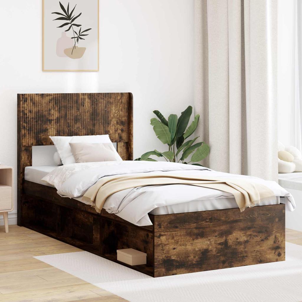 Bed Frame with Storage Space and Headboard Smoked Oak