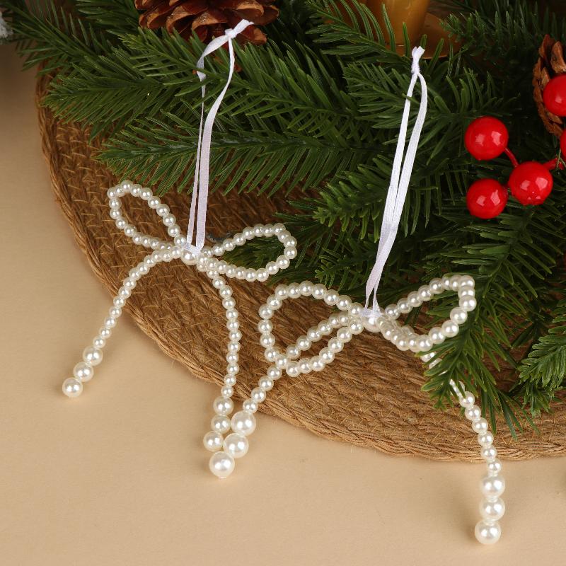 6/12Pcs Hand Woven Imitation Pearl Bow Pendant Christmas Tree Hanging Decoration Xmas Year Holiday Gift