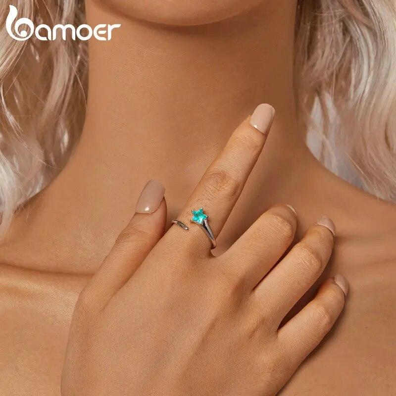 Bamoer 925 Sterling Silver Meteor Opening Ring Green Star Adjustable Ring for Women Birthday Gift Fine Jewelry